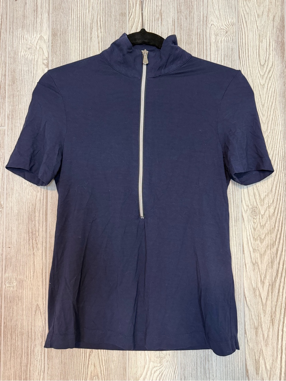 Anatomie Navy Short-Sleeve Zip-Up Mock Neck Top